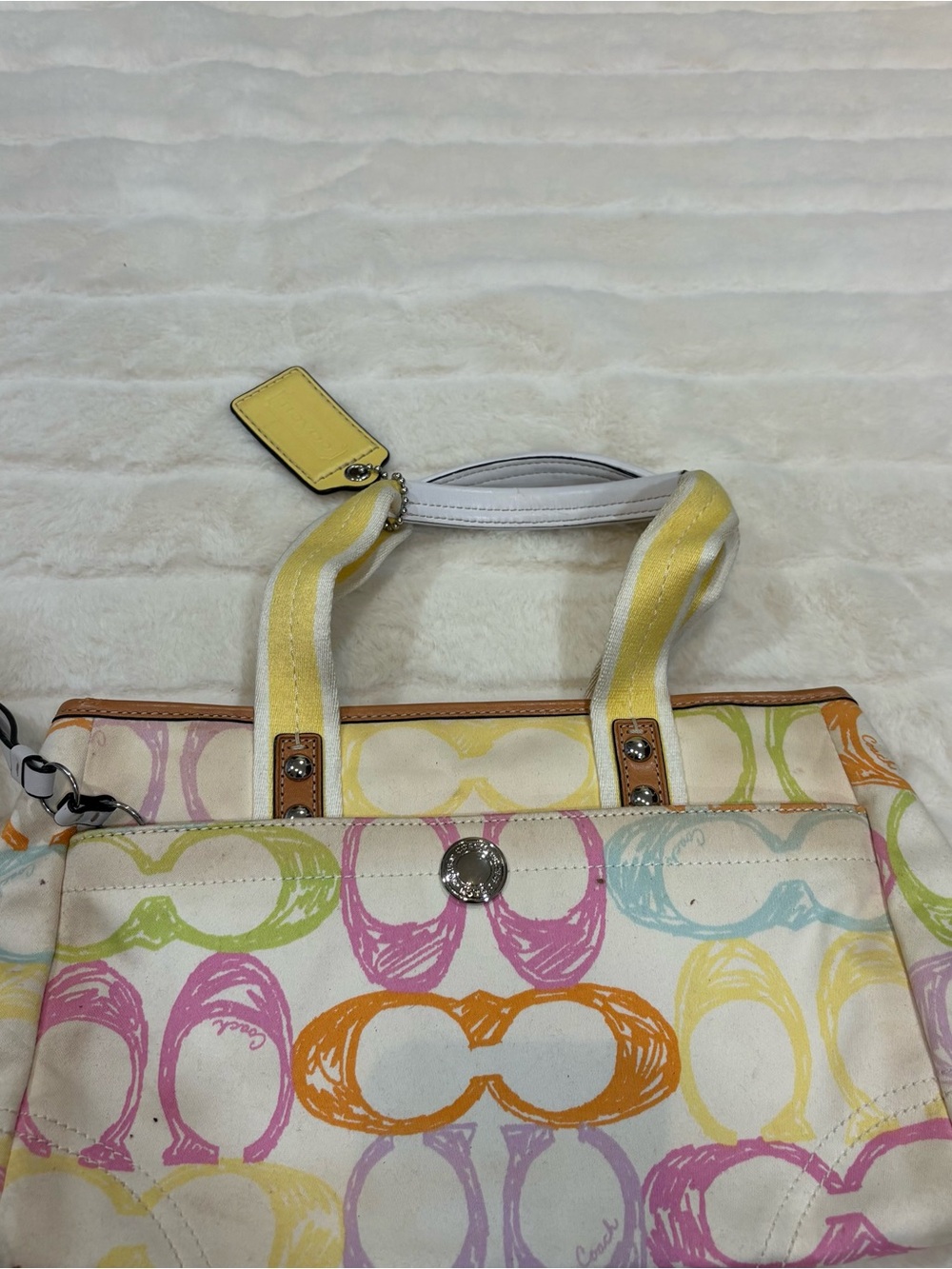 Coach Multicolor Signature Canvas Tote with Yellow Straps